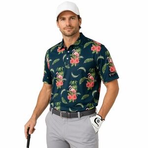 Yatta Golf Mens XL Performance Polo Shirt Flamingo Tropical Floral Navy Blue XL
